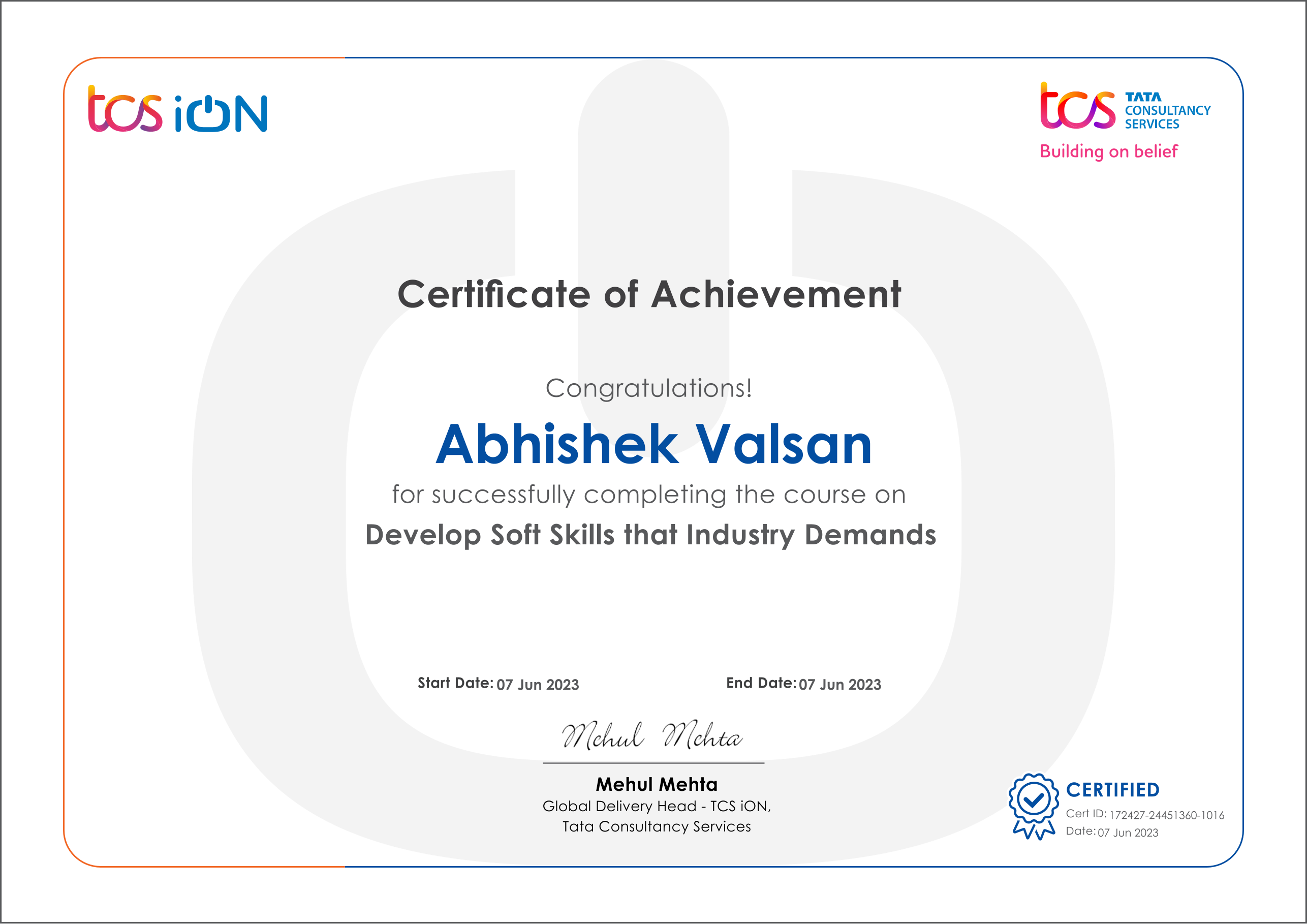 Image of tcs certificate